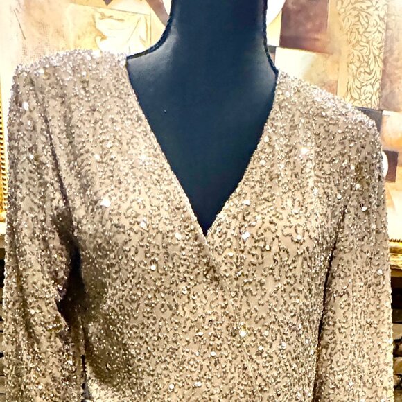 Chadwick's Stunning Gold Beaded Wrap Top Size 4 with 3/4 Sleeves - Picture 2 of 5